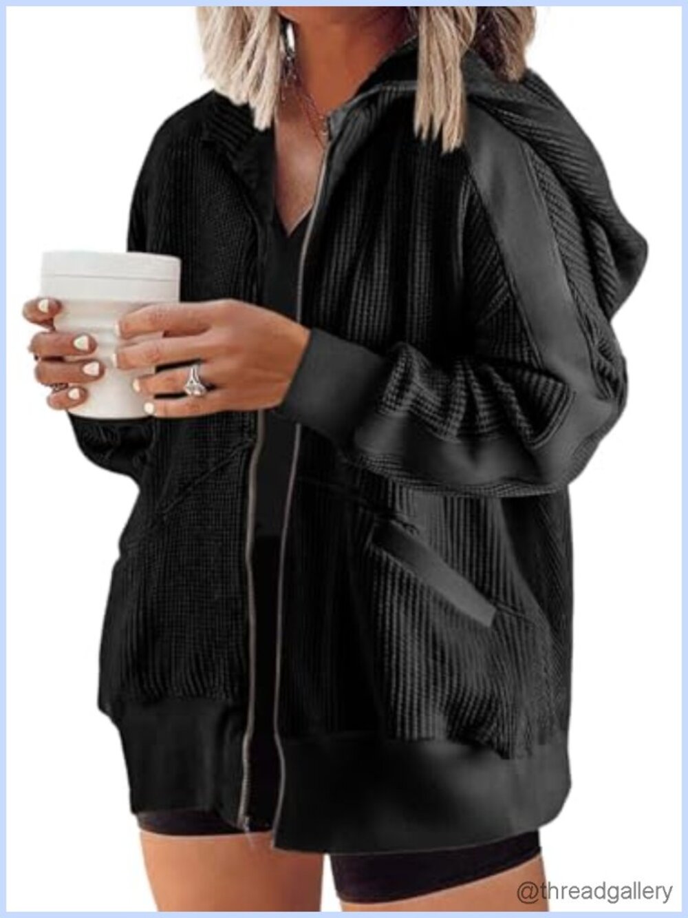 Plus Size Zip Up Hoodie Waffle Knit Oversized Sweatshirt